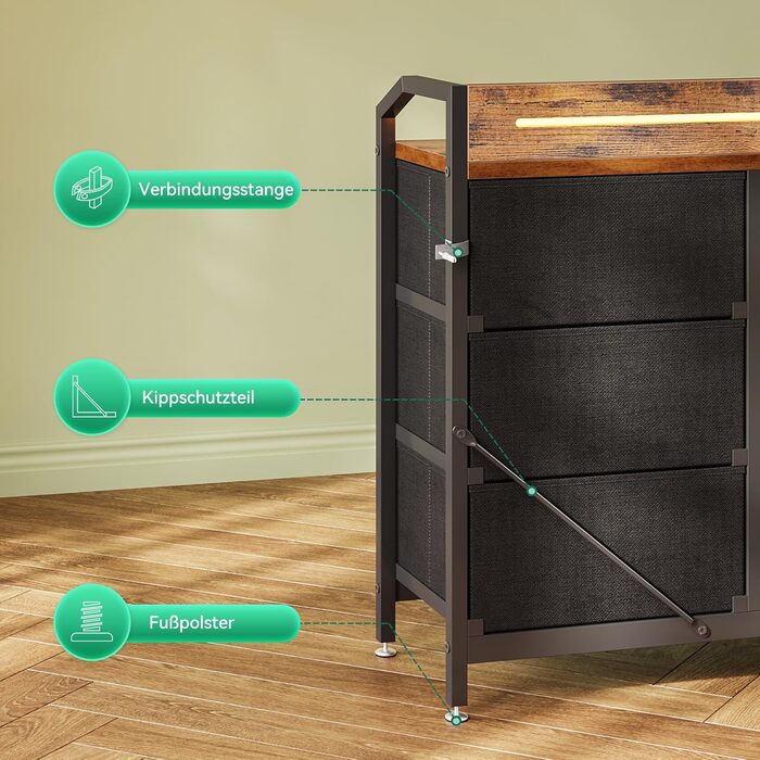 Комод ODK з висувними ящиками та LED-підсвіткою, 10 кольорів, 2 USB та 2 розетки, 8 тканинних ящиків, для вітальні/спальні, 110x30x88 см, вінтажний стиль