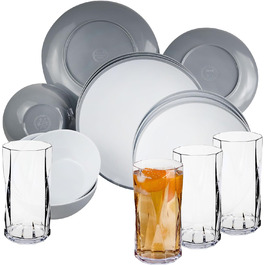 Меламіновий набір посуду для 4 осіб - 16 предметів - сірий білий - зі склянкою для пиття сірий 300 мл Кемпінговий посуд Кемпінговий посуд (16 предметів - склянка для пиття прозора 450 мл)