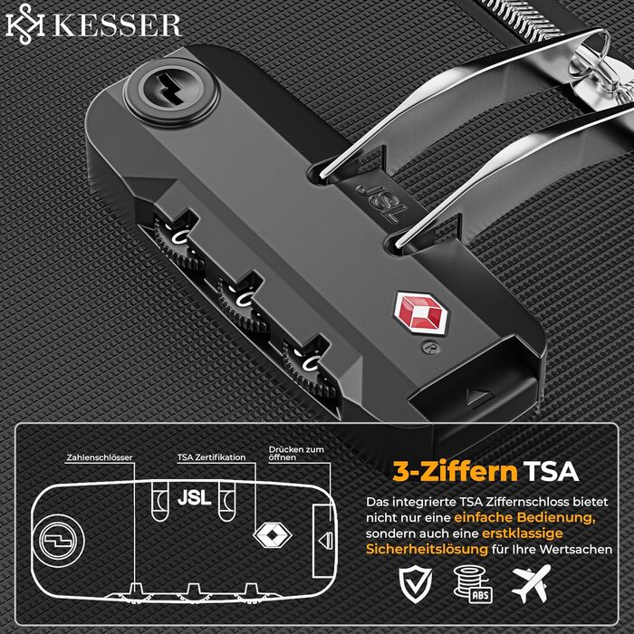 Набір валіз KESSER® 4-в-1: чорний дорожній набір з TSA-замком, 360° колесами та телескопічною ручкою | Чемодан, сумка для косметики, ручна поклажа, велика валіза для подорожей та бізнесу