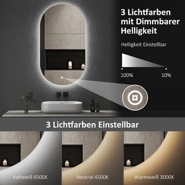 Дзеркало для ванної кімнати Boromal з підсвічуванням, овальне LED, 50x90 см, сенсорне керування, диммування, 3 кольори світла