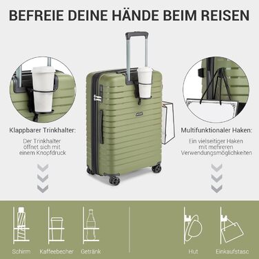 Чемодан KONO середнього розміру з жорсткою обшивкою, PP, з 4 колесами, розширюваний, легкий, з тримачем для напоїв та TSA замком (Зелений, L)