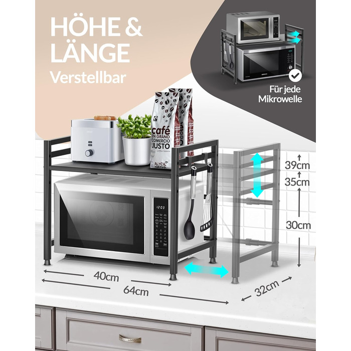 Підставка для мікрохвильової печі та кухонна полиця, сталева, 2-ярусна | Підставка для мікрохвильовки, шафка для мікрохвильовки, полиця для зберігання, полиця пекаря | Регульована висота та довжина, інструкція у відеоформаті, гачки - Чорний колір, 2 яруси