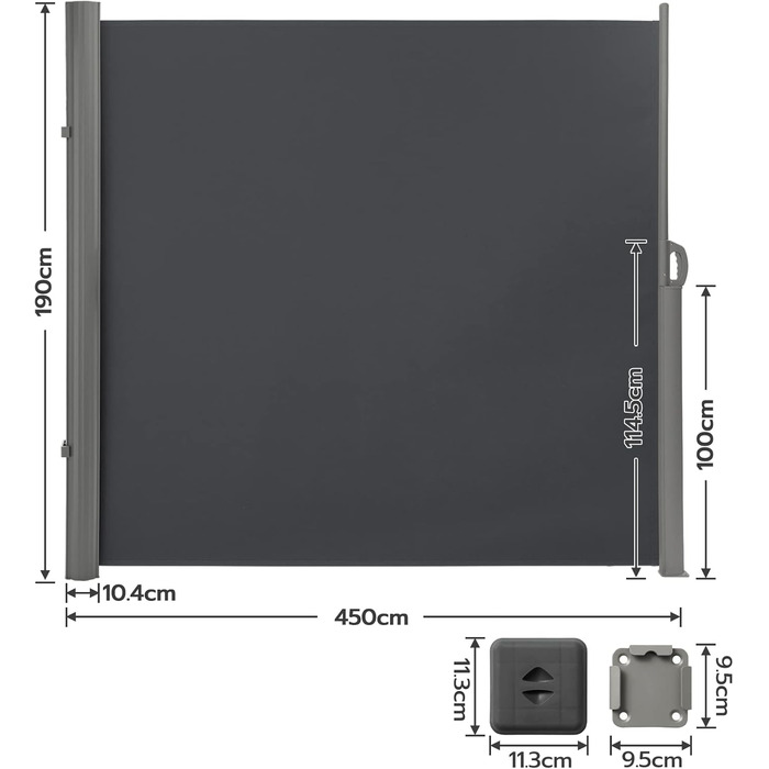 Розсувна бічна маркіза LARMNEE 190x450 см, антрацит, захист від сонця та вітру, щільний екран для балкона, тераси, саду