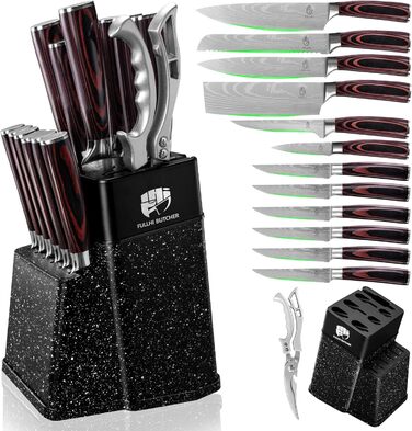Набір кухонних ножів Fullhi 14 предметів з бруском для заточування: кухонні ножі, ножі для стейку, барвисті ручки. Ідеальний подарунок для чоловіків та жінок.