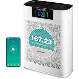 Повітряний фільтр SereneLife з HEPA-фільтром – керування через додаток, 20dB тихий, для приміщень до 100м², проти диму, пилу, запахів та шерсті тварин, білий