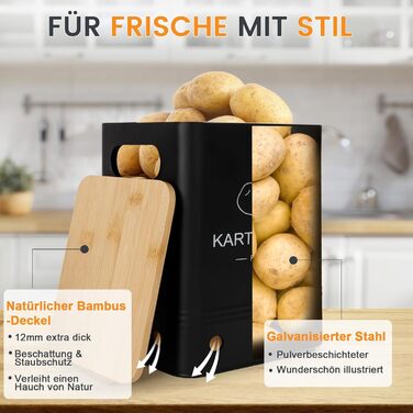 Набір контейнерів для зберігання картоплі, цибулі та часнику (3 шт) з бамбуковими кришками - Моз (Moz) - Чорний