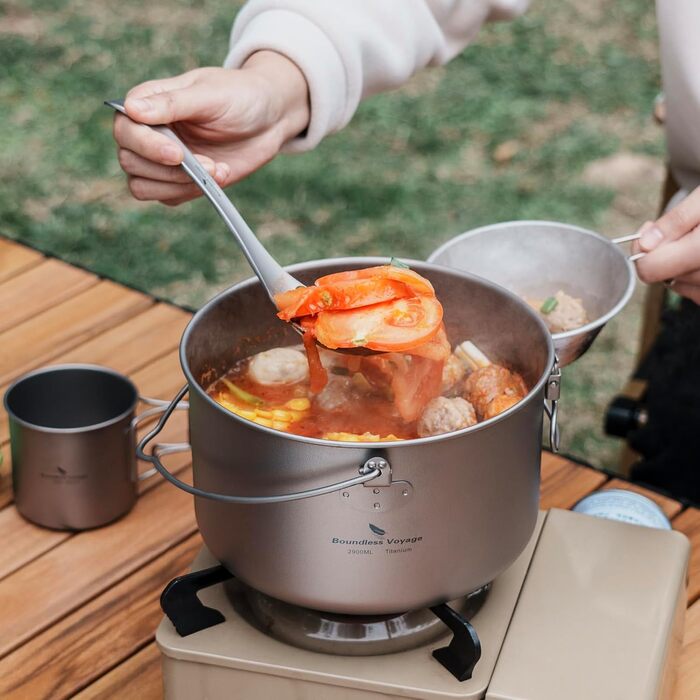 iBasingo 2.9L Титановий туристичний посуд з великою місткістю - казанок для кемпінгу, легкий похідний набір для приготування їжі, кухонні аксесуари з складною ручкою для 1-3 осіб (Ti2045C)