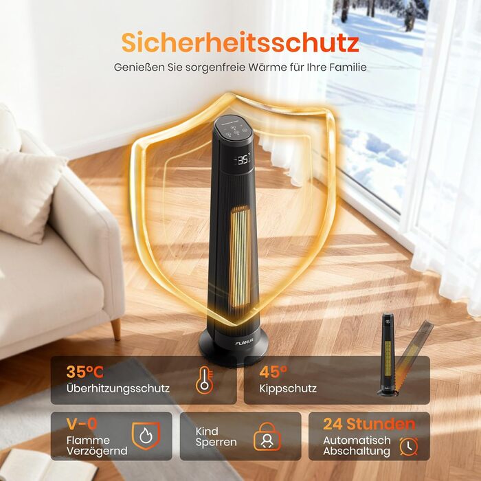 Електричний обігрівач PTC 2000W з керамічним нагрівачем, тихий, з термостатом та пультом дистанційного керування, ECO режим, 70° осциляція, 12h таймер, захист від перегріву та перекидання, чорний, 1 шт.