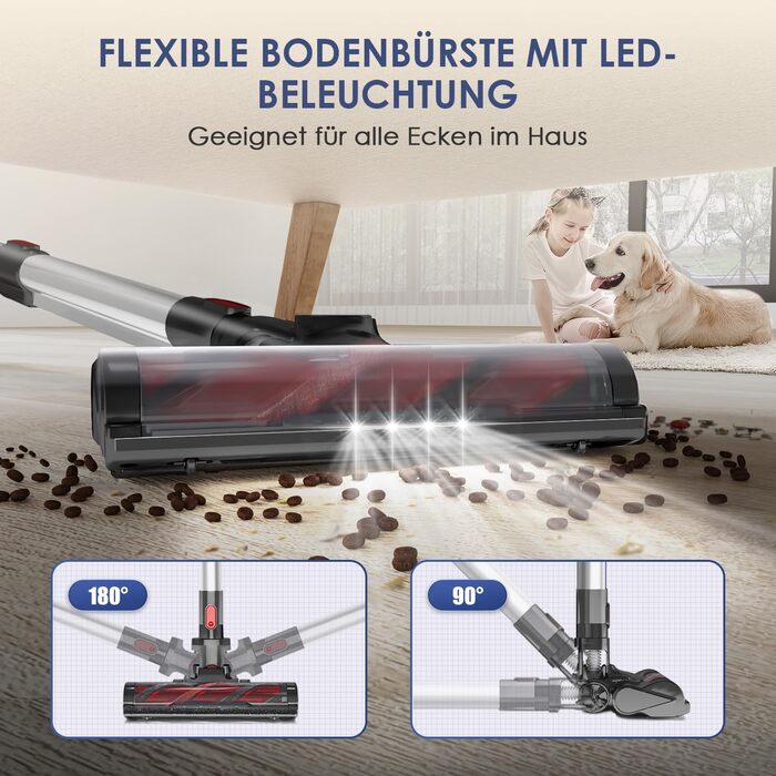 Акумуляторний пилосос бездротовий 45000 Па з сенсорним екраном, 50 хв роботи, контейнер 1.6 л, фільтр H13 HEPA, анти-заплутуюча щітка для підлоги/килимів/шерсті тварин (Червоний)