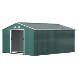 Outsunny Garden сарай 12,4 м², садовий сарай з односхилим дахом, розсувні двері, фундамент, 340 x 386 x 200 см, садовий сарай з оцинкованої сталі, стійкий до погодних умов, для саду, темно-зелений | Аосом