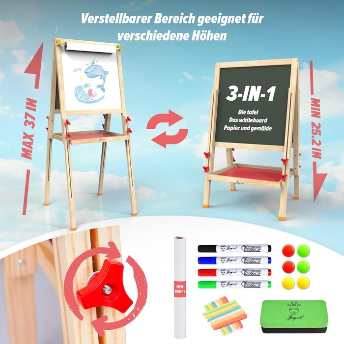 Мольберт для малювання Joyooss для дітей, регульований дерев'яний мольберт, двосторонній, сухий маркер, з аксесуарами для малювання, подарунок для дітей 4-8 років (РОЖЕВИЙ)