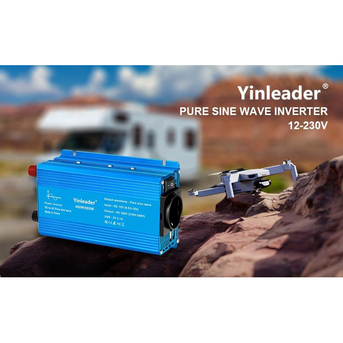 Інвертор Yinleader Pure Sine Wave 400 Вт/800 Вт перетворювач напруги 12 В постійного струму на 230 В змінного струму з 1 розеткою та 2 USB