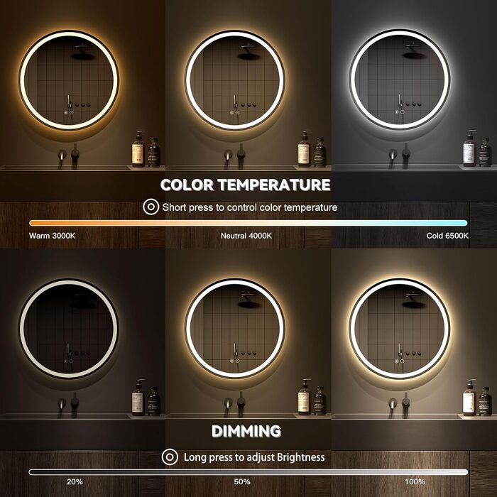 Дзеркало для ванної кімнати Dripex круглої форми з підсвічуванням LED, сенсорне керування, регулювання яскравості, 3 кольори світла, запобігання запотіванню, 50x50 см (Bluetooth, запобігання запотіванню, 3 кольори, регулювання яскравості)