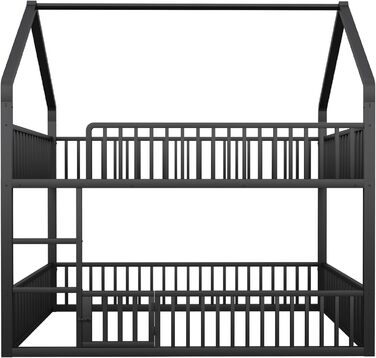 Двоярусне ліжко 140x200 см для 2 дітей, з будиночком, сходами та дверцятами, металеве, з захистом від падіння та ламелями (чорне)