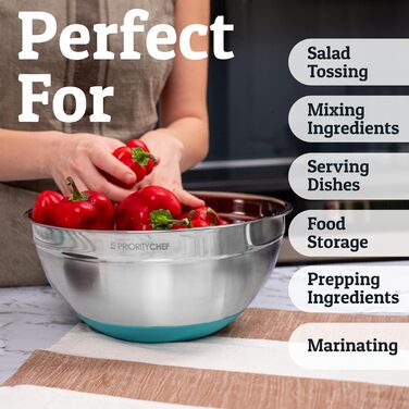 Набір місок для перемішування Priority Chef з кришками, 6 шт. з неслизьким дном, набір місок з нержавіючої сталі, 6 герметичних кришок та 3 тертки, блакитний колір (Getaway Solids)