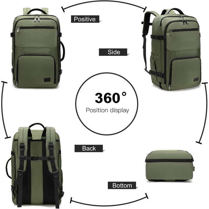 KONO Рюкзак для ручної поклажі в літак, великий, водонепроникний, 55 x 35 x 20 см, 38L, зелений
