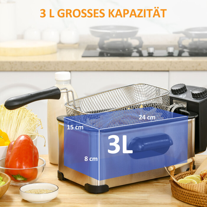 Фритюрниця HOMCOM 3L з регульованим термостатом, знімним контейнером для олії, кришкою з захистом від пилу з віконцем, таймером на 60 хвилин, захистом від перегріву, 2000W, нержавіюча сталь, срібна | Aosom