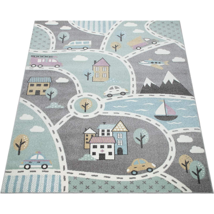 Дитячий килимок Paco Home з вуличною тематикою, ігровий килимок для дитячої кімнати, сірого кольору, Розмір (діаметр 160 см круглий, зелений)