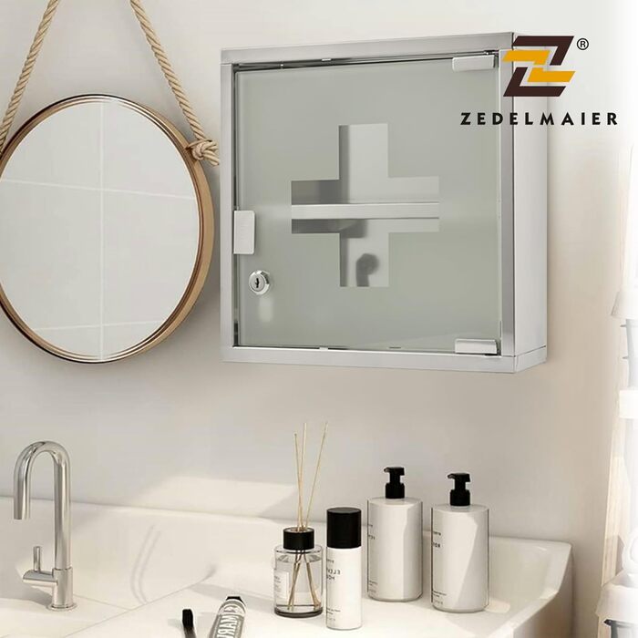 Медичний шафчик Zedelmaier з нержавіючої сталі, 4 відділення, для зберігання ліків, аптечний шафчик, для ванної кімнати, підвісний, з замком, 57 x 27 x 12 см, білий/сріблястий