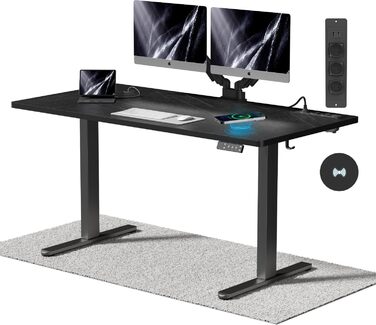 Регульований стіл Airfish з бездротовою зарядкою та USB-роз'ємом 160 x 80 см. Електричний стіл для комп'ютера з пам'яттю на 3 функції та функцією нагадування про відпочинок. Білий (140 x 70 см, Чорний)
