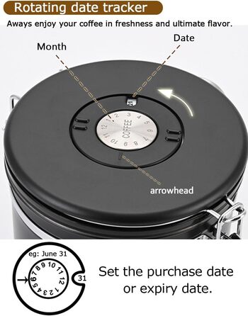 Герметична кавова банка з нержавіючої сталі, 1,8L, з датчиком дати, CO2-вентилем та мірною ложкою, для кави, чаю, горіхів, какао, чорна