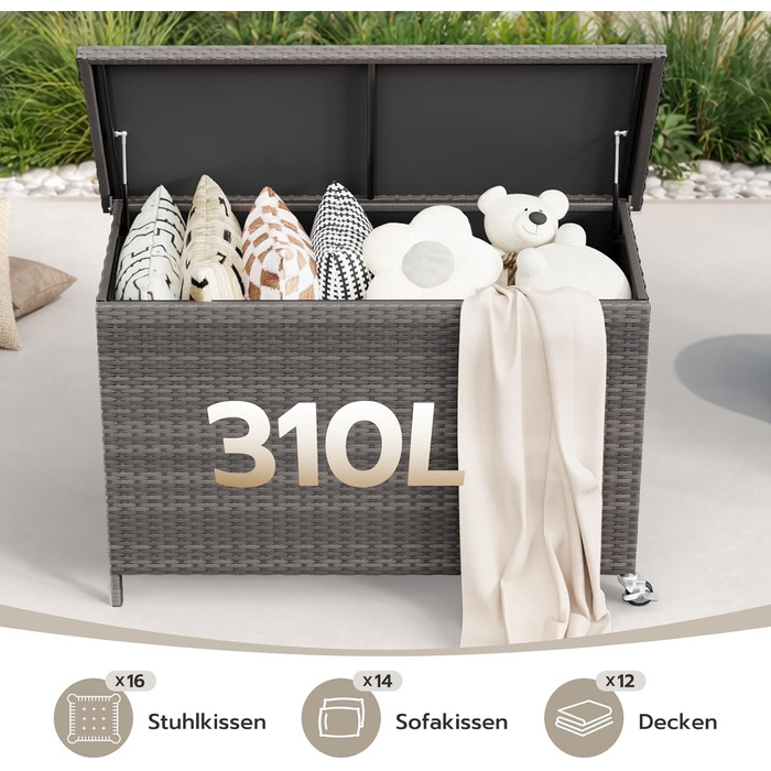 Водонепроникний садовий ящик Amopatio Gartenbox 480л з поліротангу, металевий ящик для подушок на колесах з газліфтом для саду та балкону, сірий