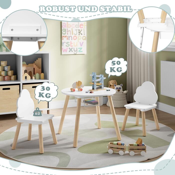 Дитячий столик та 2 стільчики WOLTU, дитячий набір меблів з місцем для зберігання (сітка), стільчик з хмарною спинкою для малюків та дошкільнят, круглий стіл