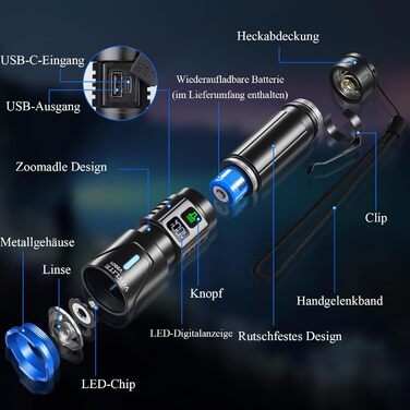 Набір тактичних LED ліхтарів (2 шт.) 1 000 000 Люмен, потужний зарядний ліхтар з зумом, 3 режими освітлення, водонепроникний IPX7 для кемпінгу та туризму, чорний з кольоровими акцентами