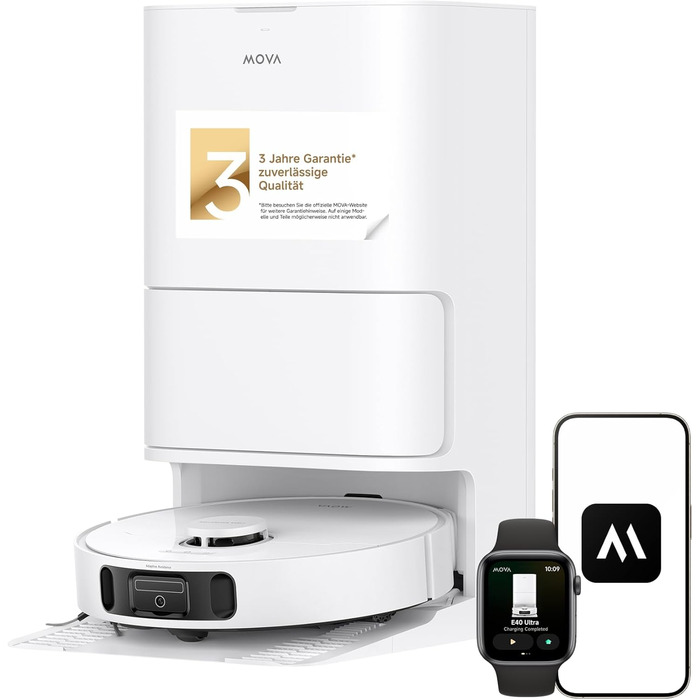 Робот-пилосос Mova E40 Ultra з функцією миття, автоматичним очищенням, потужністю 19000 Па, MaxiReach-мопом, бічними щітками, вбудованим резервуаром 80 мл та базою для 75 днів прибирання