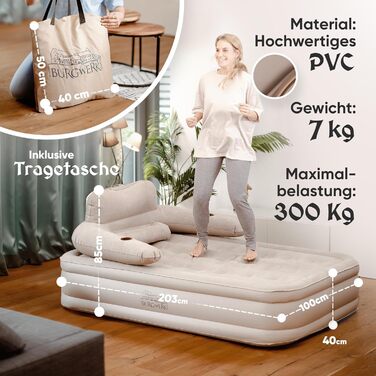 Надувне ліжко 3-в-1 | Гостьове та кемпінгове ліжко | Надувна матрац з електропомпою 150x200 | Самостійно надувна повітряна матрац (1 особа, Бежевий)