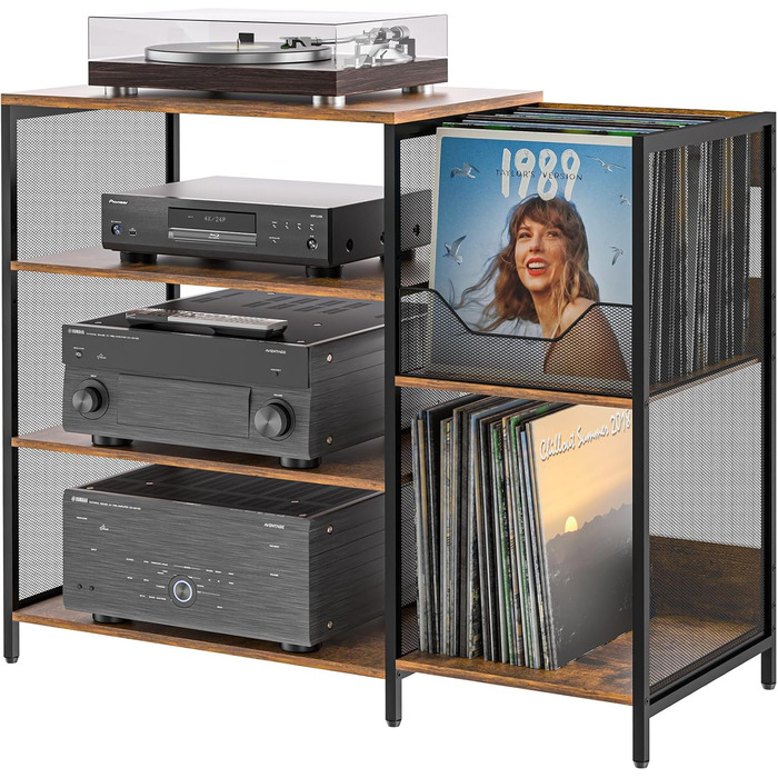 Підставка для програвача вінілу з місцем для зберігання платівок, до 200+ альбомів, медіа шафа, консольний столик, стійка для стерео, тумба, AV-стійка. Колір: русявий, розмір: великий