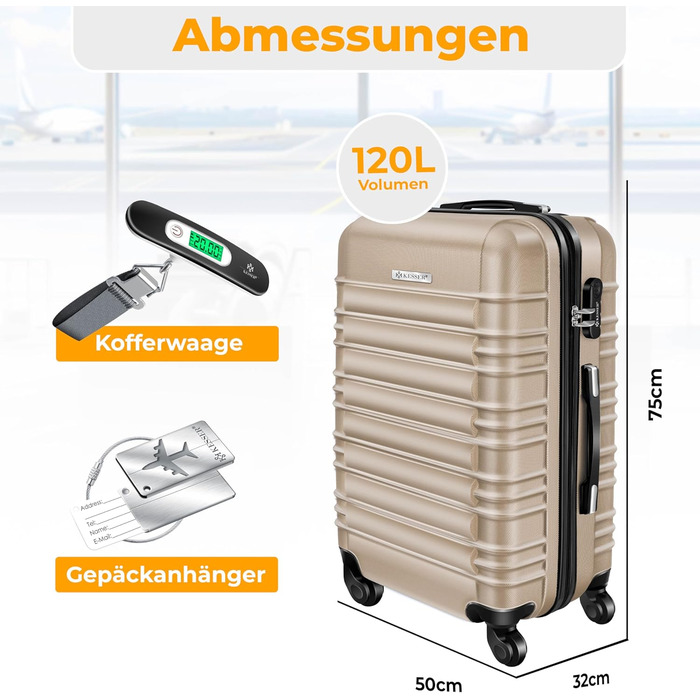 Валіза KESSER® з жорстким корпусом, вагова шалька та багажний жетон | Роликова валіза з кодовим замком, телескопічна ручка (шампань, 75 см – 120 л)