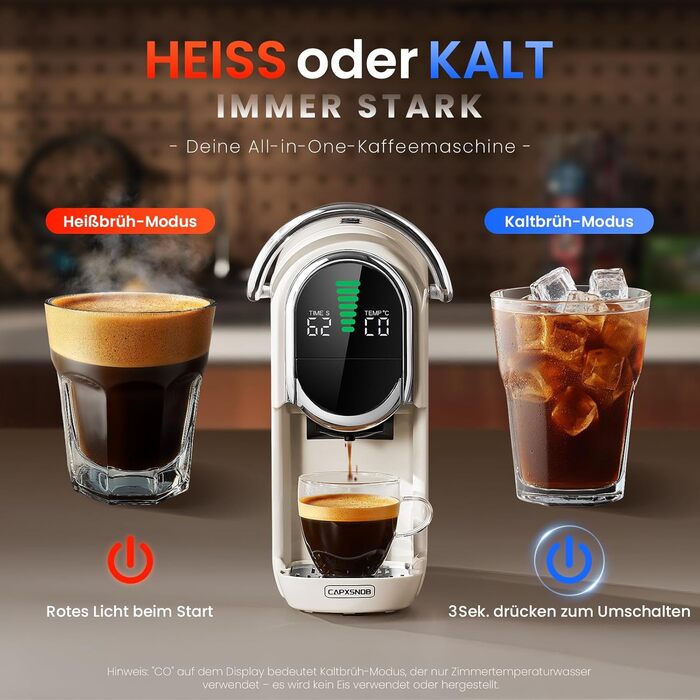 Кавомашина Magician1 Mini Kapselmaschine 5в1 для капсул Nespresso, Dolce Gusto, Lavazza A Modo Mio, ESE 44 та кавової гущі | 20 бар, 1450 Вт, LED-дисплей, 7 рівнів води | для дому та офісу (слонова кістка)