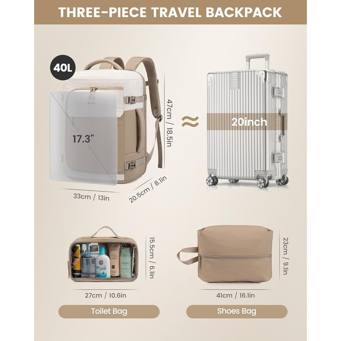 Рюкзак жіночий LOVEVOOK 40L для подорожей та авіаперельотів, Carry On, Beige Khaki, 17 дюймів