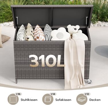 Водонепроникний садовий ящик Amopatio Gartenbox 480л з поліротангу, металевий ящик для подушок на колесах з газліфтом для саду та балкону, сірий