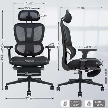 Ергономічне крісло для офісу з підніжкою, висока спинка, 2D підголівник, відкидні підлокітники, сидіння з губки, сітчастий офісний крісло, крісло для начальника, комп'ютерне крісло для дорослих, чорне