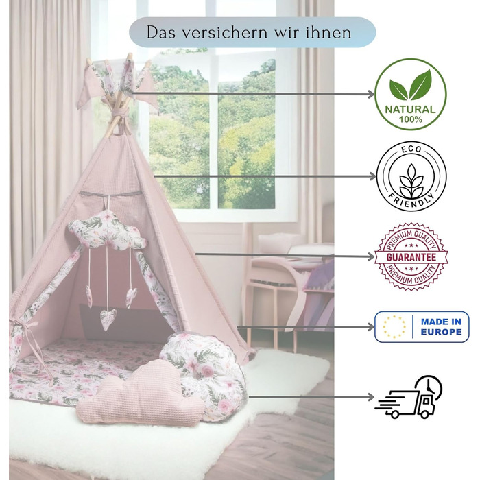 Дитячий намет-тіпі з килимком, подушкою та м'ячами - Тіпі для дитячої кімнати, ігровий будиночок для дівчаток, намет-тіпі для дітей, ігрові прилади для дому - Рожевий сад