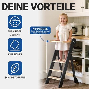 COSYLAND Монтессорі навчальний столик-сходинка для дітей від 1 року, регульована висота, складаний | Навчальний столик-сходинка для кухні | Темно-сірий-натуральний | COSYLAND