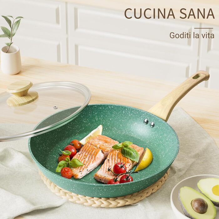 Набір сковорідок Innerwell з кришкою 3 шт. (20, 24, 28 см), індукційні сковороди з керамічним антипригарним покриттям, для професійного використання, безпечні (PFOA-free), придатні для миття в посудомийній машині, м'ятно-зелені