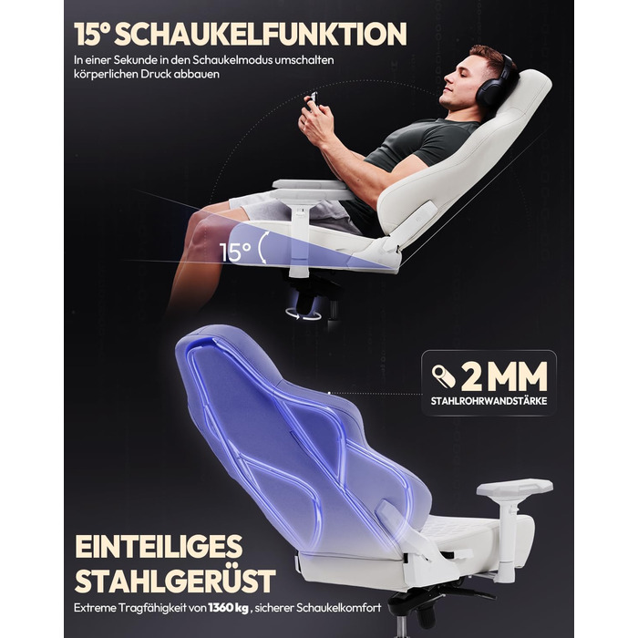 Ігровий крісло Dowinx для геймерів Esport, ергономічний офісний крісло з підлокітниками 4D та масажем попереку, витримує до 200 кг, регульована висота (білий)