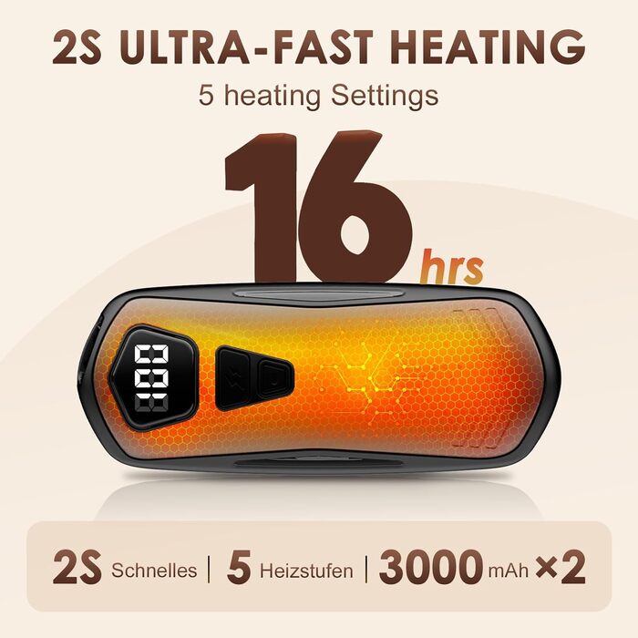 Електричні грілки для рук 2 шт. з акумулятором 6000mAh, 5 режимів нагріву, USB, для кемпінгу та активного відпочинку, подарунок для жінок та чоловіків, чорний