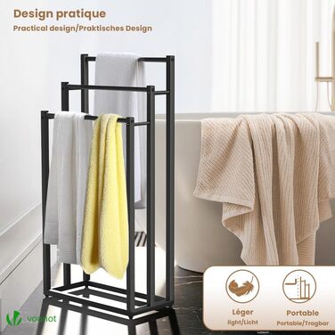 Підставка для рушників VOUNOT® на підлозі, металева, 3 стійки, чорна, 3 рівні