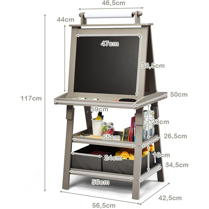 Дитячий мольберт COSTWAY 3-в-1 дошка, дошка для крейди та паперу, з полицею та коробками (сірий)