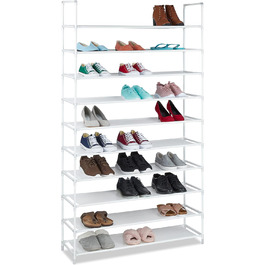 Тканина для полиці для взуття Relaxdays, HWD 175,5x100x29 см, на 50 пар взуття, 10 рівнів, вставна система, каркас для взуття XXL, (білий)