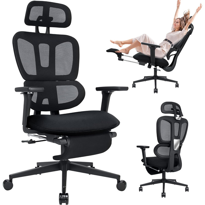 Ергономічне крісло для офісу з підніжкою, висока спинка, 2D підголівник, відкидні підлокітники, сидіння з губки, сітчастий офісний крісло, крісло для начальника, комп'ютерне крісло для дорослих, чорне