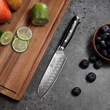 Японський ніж Santoku PAUDIN з дамаської сталі 13 см - професійний кухонний ніж для кухні, надзвичайно гострий, з ергономічною ручкою G10