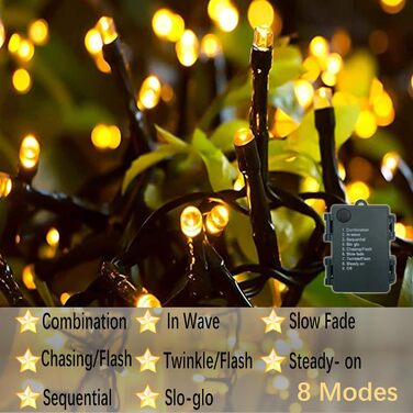 Гірлянда світлодіодна Hopelit 50 LED, 5 м, кольорова, на батарейках, з таймером, 8 режимів, вологостійка, для декору саду, вечірки, ялинки