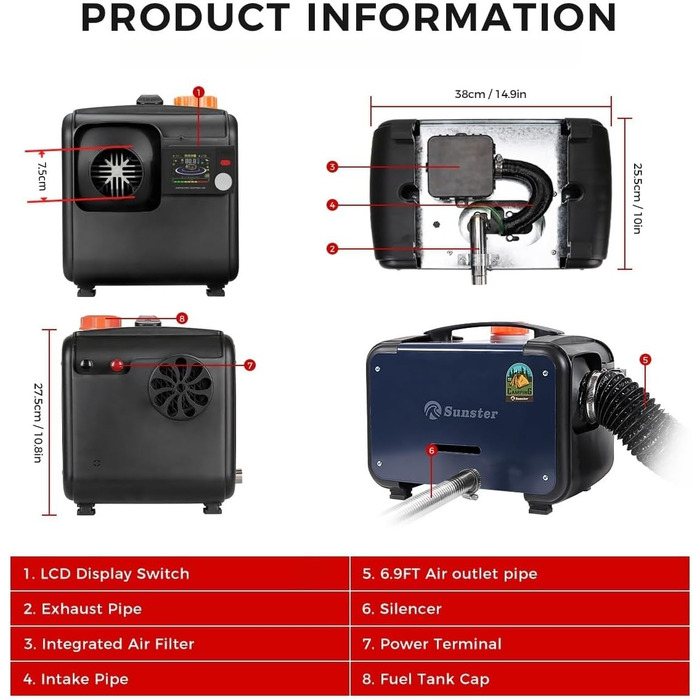 Дизельний опалювач 8kW з Bluetooth, 12V/24V/230V для вантажівок, фургонів, автодому, з автоматичним запуском та адаптером живлення, 2025 року випуску, блакитний