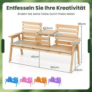 Лавка для саду COSTWAY з журнальним столиком, дерев'яна лавка на 2-3 особи, міцна лавка для тераси, балкону та саду, до 320 кг, 160 x 64 x 86 см, колір: натуральний