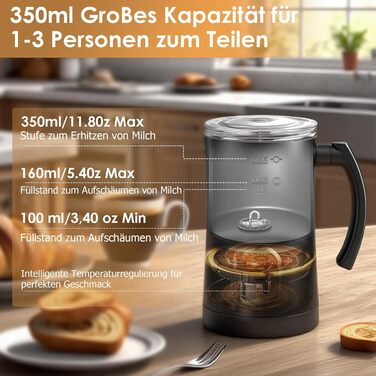 Електричний пінощікач для молока 400W, 350мл, нержавіюча сталь, 4 режими, для капучино, лате, макіато, гарячого шоколаду, для дому, офісу, як подарунок